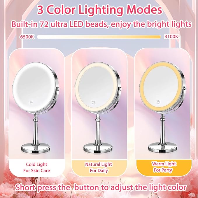 9" Large Lighted Makeup Mirror, 1X/10X Magnifying Mirror with Lights, 360 Rotate Touch Screen Vanity Light up Mirror with 3 Color Lights, Brightness Adjustable