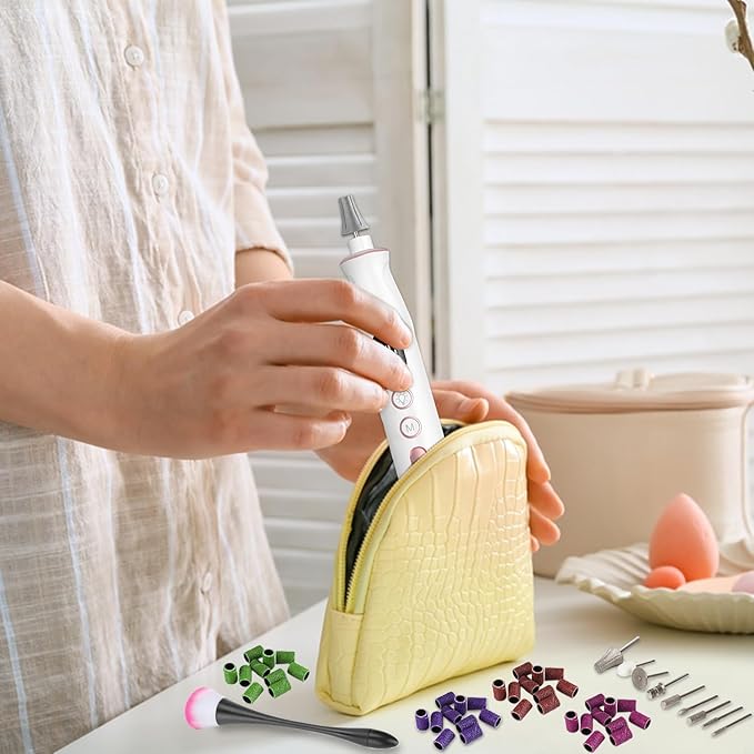 Cordless Electric Nail File Set, 10 Speeds Professional Manicure Pedicure Kit with LED Light & LCD Screen, Portable Nail Drill for Natural & Acrylic Nails, Human & Pet Thick Toenails (White)