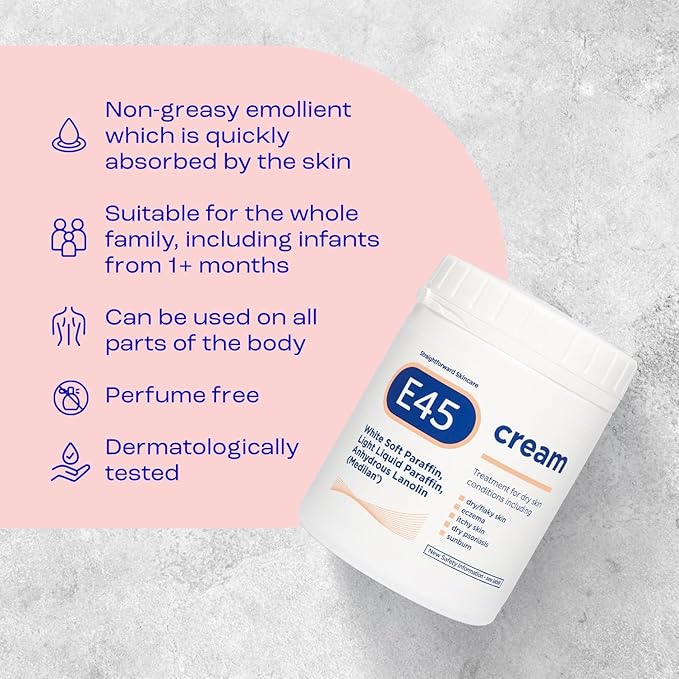 E45 Cream 500 g Tub – Moisturiser for Dry Skin and Sensitive Skin - Emollient Body Cream to Soothe Dry and Irritated Skin - Itchy Skin, Eczema Cream - Perfume-Free Face Cream and Non-Greasy Hand Cream