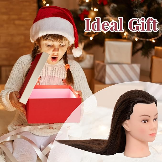 28Inch 60% Real Hair Mannequin Head,Doll Head for Hair Styling Braiding Curling,Cosmetology Mannequin Head with Hair with Table Clamp Hair Styling Set(Dark Brown)