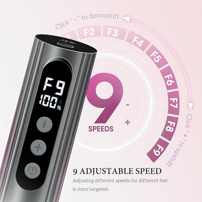 Ranrose Professional Electric Callus Remover - 9-Speed Rechargeable Foot File for Cracked Heels & Dead Skin, Portable Pedicure Tool with 2 Discs, Wireless & Anti-Slip Grip (Home/Spa/Travel)