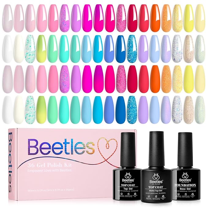 beetles Pastel Gel Polish Set 39Pcs Pink Red Gel Nail Polish with Base Top Coat Soak off Uv LED Lamp Colorful Candies Manicure Kit DIY Home Gifts for Women Girls