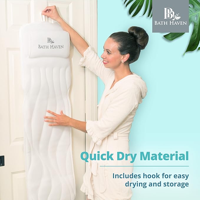 Bath Haven Bath Pillow for Bathtub - Full Body Mat & Cushion Headrest for Women and Men, Luxury Pillows for Neck and Back in Shower Tub or Jacuzzi - Powerful Suction Cups - Spa Accessories (Classic)