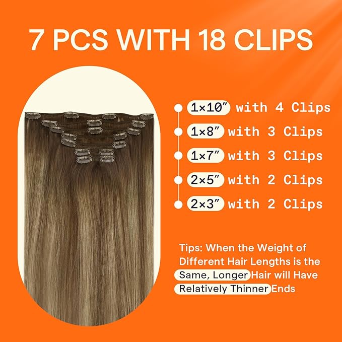 Full Shine Hair Extensions Short Hair Balayage Brown Clip in Hair Extensions 12 Inch 7 Pcs Medium Brown to Honey Blonde Human Hair Clip in Extensions Straight Remy Extensions 95 G