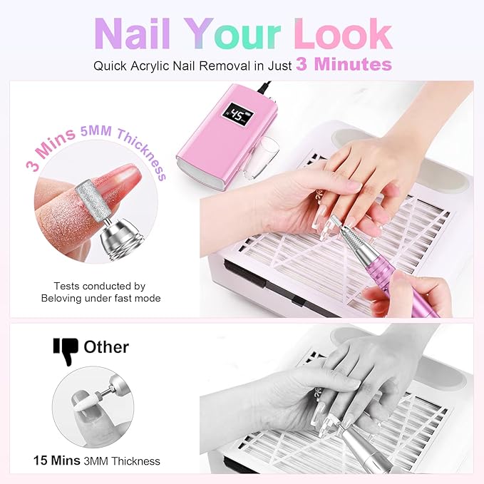 Beloving Portable Nail Drill Professional, 45000RPM Rechargeable Nail Drill Electric File Machine for Acrylic Gel Polish Remover, Cordless Nail Kit for Manicure Pedicure with 11 Bits for Salon Home