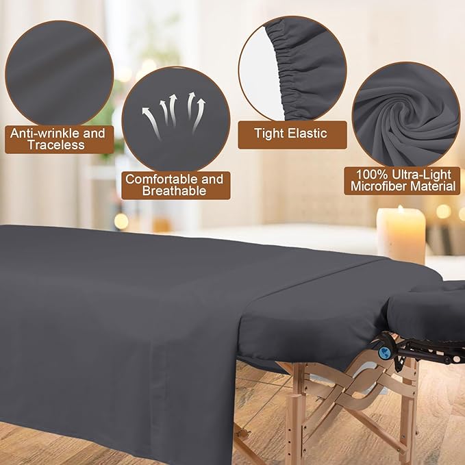 4 Sets Premium Microfiber Massage Table Sheets Set 3 Piece Set Includes Massage Table Cover Fitted Sheet and Fitted Face Rest Cover, Grey