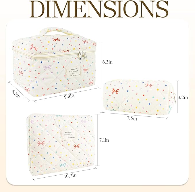 3Pcs Quilted Makeup Bag, Cute Floral Cotton Cosmetic Bag set, Coquette Bow Makeup Pouch Large Travel Toiletry Bag