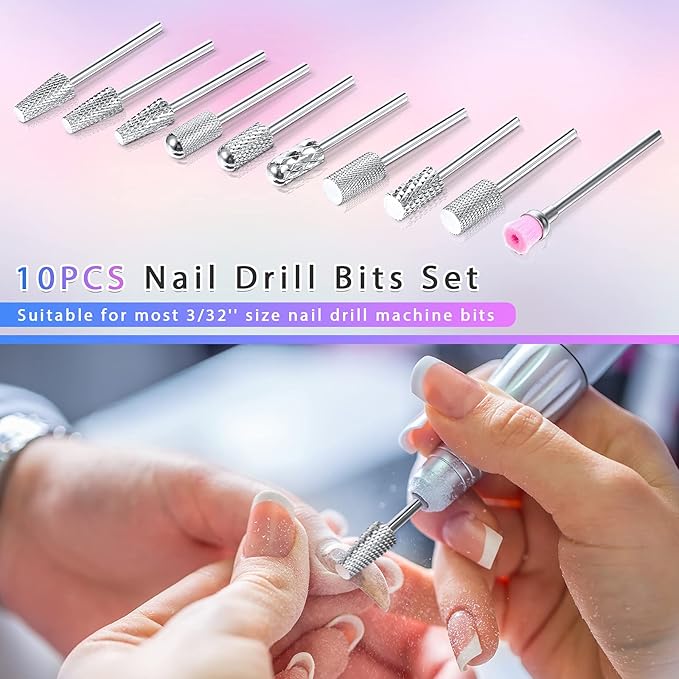 Honoson 10 Pcs Nail Drill Bits Set, 3/32 Inch Tungsten Carbide Bits for Nail Tech, File Remove Acrylic Gel Polish, Manicure Pedicure Tools for Salon Home Supplies(Silver)