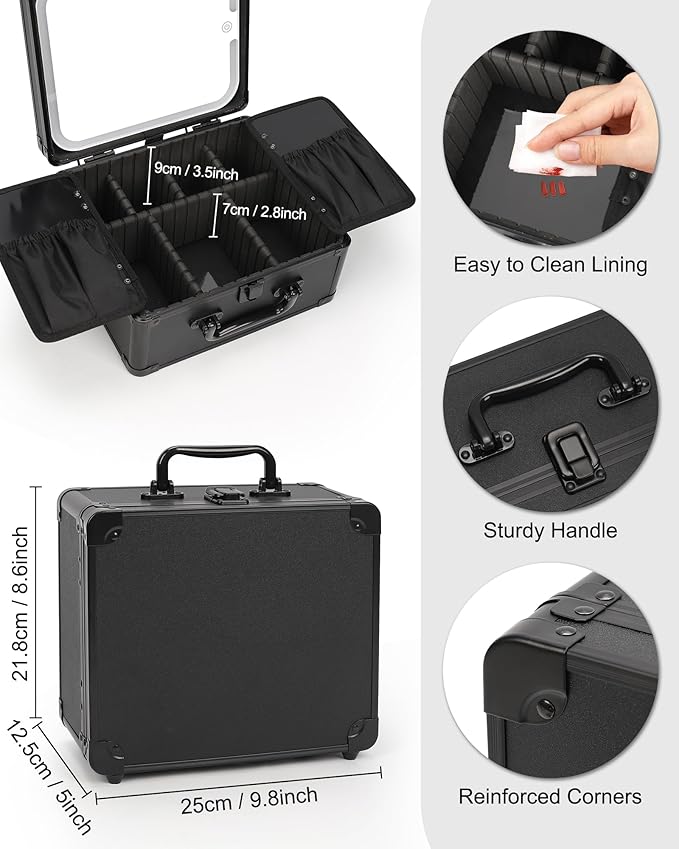 Relavel Makeup Bag with LED Mirror, Makeup Box Travel Train Case with Rechargeable Lighted Mirror & Adjustable Dividers, Cosmetic Brush Organizer Storage for Makeup Artists Gifts for Women and Girls