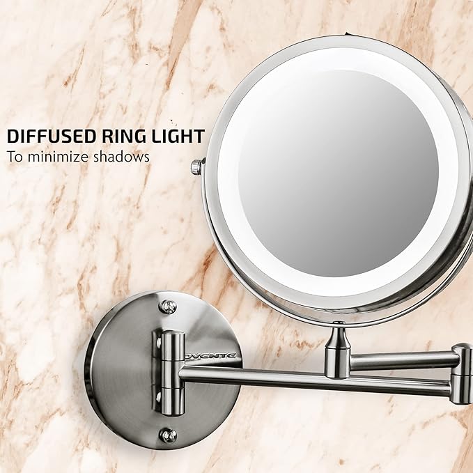 OVENTE 7" Lighted Wall Mount Makeup Mirror with 1X/7X Magnification, Cordless Double Sided Magnifying Round Vanity Mirror, 360° Swivel Design, Extendable and Folding Arm, Nickel Brushed MFW70BR1X7X