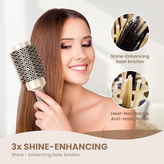 AIMIKE Hair Brush Set, Nano Thermal Ceramic & Ionic Tech Round Barrel Brush with Boar Bristles for Blow Drying, Enhance Texture for Styling, Curling and Shine, Includes 1 Tail Comb + 4 Hair Clips