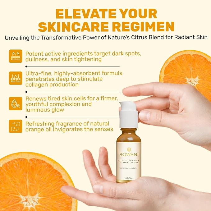 Vitamin C Serum with Citrus Stem Cell, Facial Skin Care Serum for Moisturizing and Brightening with Orange Fruit and Chamomile Extract, Hydrating Serum for Face and Neck, 1 oz