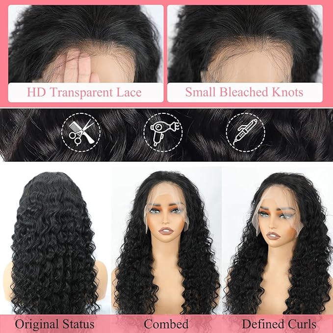 13x6 Deep Wave Lace Front Wigs Human Hair Wigs for Women 200 Density 13x6 HD Transparent Deep Curly Lace Frontal Wigs Glueless Wigs Human Hair Pre Plucked with Baby Hair Natural Color 22 Inch