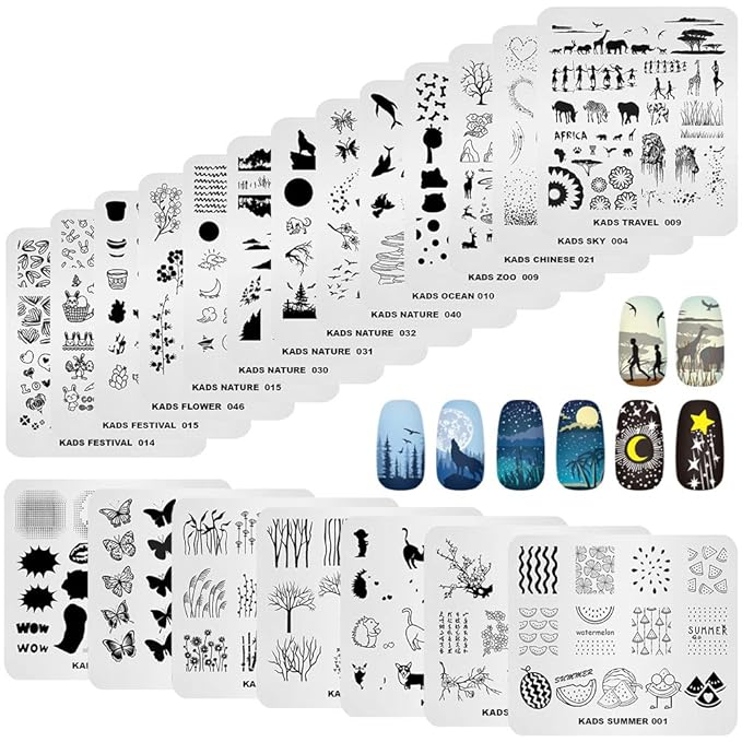 KADS 20pcs Nail Stamp Plates Set - Leaves, Flowers, Animal Nail Art Templates (20 Pcs)