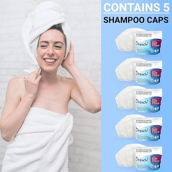 Drench! No Water Rinse Free Shampoo Caps - Waterless Shampoo and Conditioner - Dry Hair Wash Caps for Elderly Care - Dementia products for elderly - Pack of 24