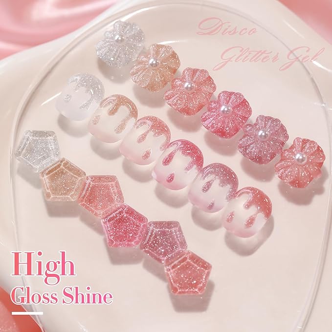 Double Rhythm 0.5 Oz Glitter Gel Polish Set of 6 Color with Display Board 15 ml Full Size Kit Shimmer Reflective Sparkle Soak Off Manicure Salon DIY at Home (Silver Nude Rose Coral Pink-T6-39)