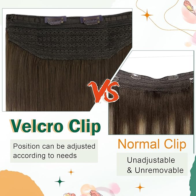 Easyouth Wire Hair Extensions Human Hair Balayage Dark Brown Ombre Chestnut Brown with Ash Blonde Hair Extensions Secret Wire Hairpiece Human Hair with Adjustable Clips 14 inch 70g