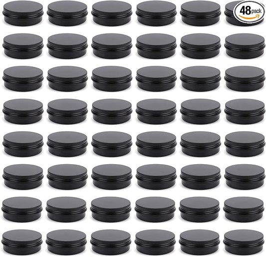 Foraineam 48 Pack 2 oz Round Lip Balm Tin Cans - Aluminum Cosmetic Sample Containers with Screw Lid - Matte Black Metal Empty Tins Storage Travel Tin Jars