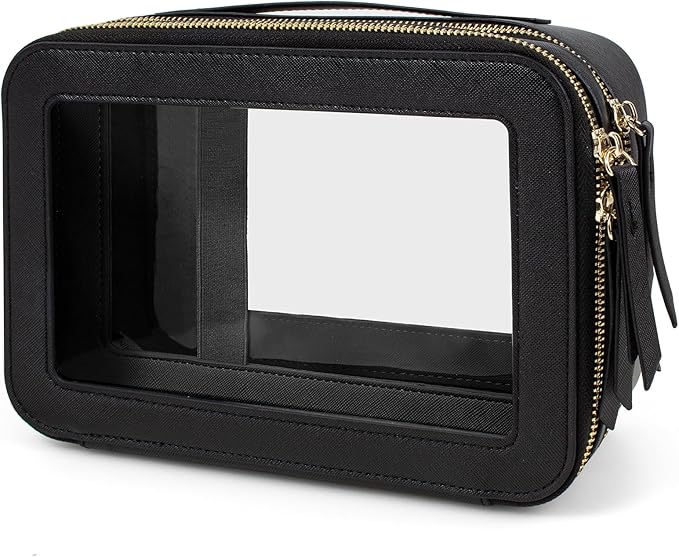 Clear Makeup Bags TSA Approved Toiletry Bag Handle Large Opening,Clear Toiletry Bags for Carry-on Traveling Travel Car Accessories Essentials Organziation Storage for Women Girls(Black, 2Layer)