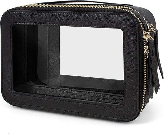 Clear Makeup Bags TSA Approved Toiletry Bag Handle Large Opening,Clear Toiletry Bags for Carry-on Traveling Travel Car Accessories Essentials Organziation Storage for Women Girls(Black, 2Layer)