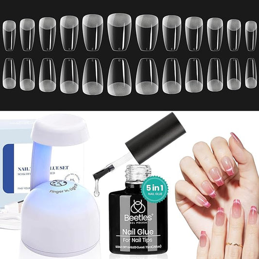Beetles Gel Nail Kit Easy Nail Extension Set 504Pcs Pre Filed Half Matte Short Coffin Gel Nail Tips with 5 in 1 Multipurpose Glue Gel Base Uv Led Nail Lamp No Wipe Base Coat Soak Off Long-Lasting