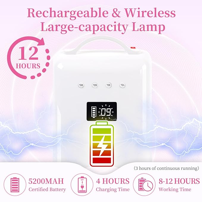 Professional UV LED Nail Lamp, Cordless Rechargeable UV Light for Gel Nails, 78W Fast Curing Gel Nail Light with 4 Timer Setting LCD Display, Auto Sensor and Spacious Interior(White)