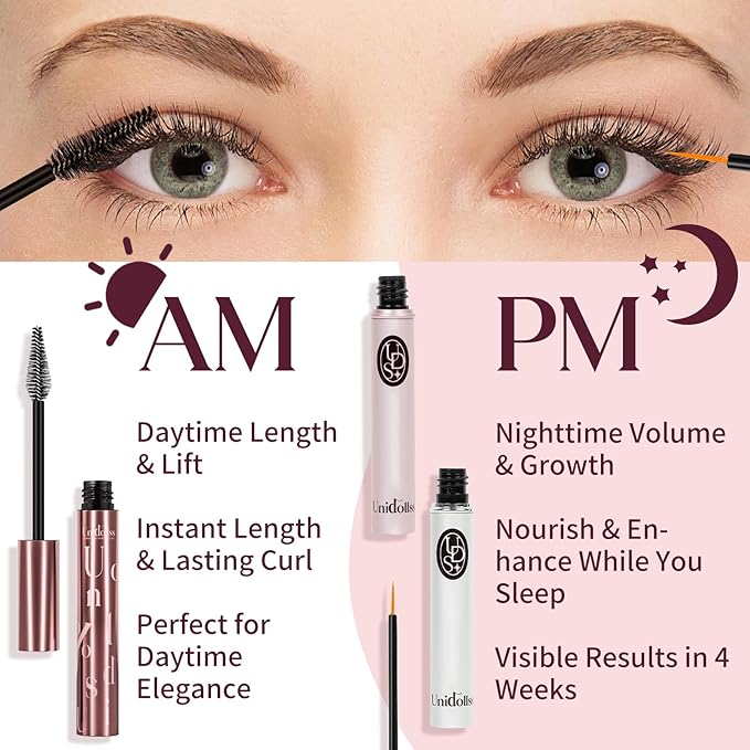 Unidollss Tubing Mascara Volume and Length Black and Lash Serum Set Lengthening Long Lasting All Day,Eyelash Growth Serum for Thicker,Longer Lash and Eyebrow,Tubing Mascara for 30+ Women,Gluten-free