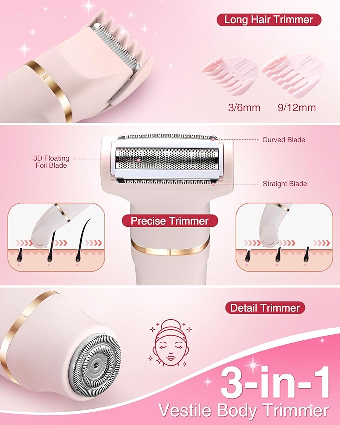 Bikini Trimmer for Women, 3 in 1 Electric Shaver for Womens,Painless Personal Body Hair Groomer,Smooth Hair Trimmer for Pubic Hair,USB-C Charger,IPX7 Waterproof,Ceramic Blades,Peach