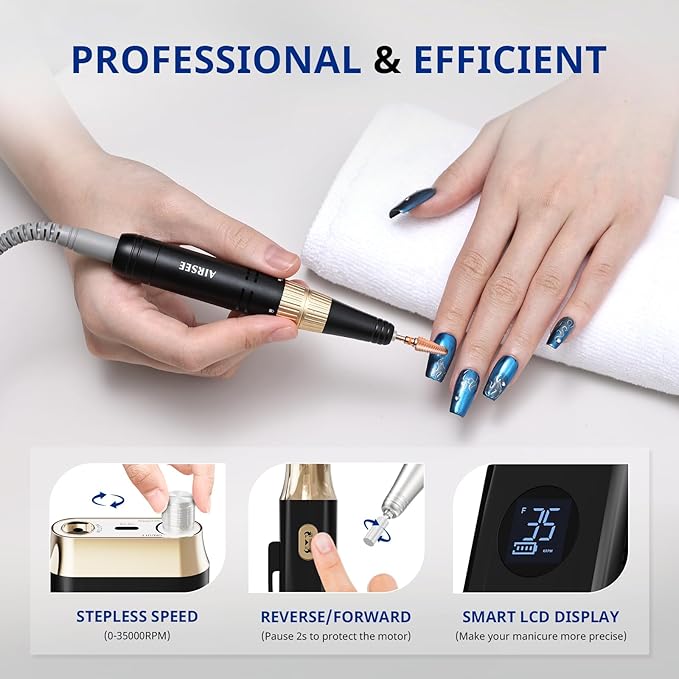 AIRSEE Professional Portable Nail Drill 35000RPM,Rechargeable Cordless Nail Drill for Manicure Salon Home, Eletric Nali E File for Acrylic Nails Gel Polishing Removing, EW4 Black