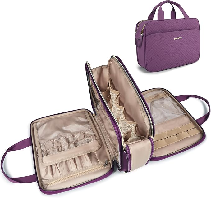 BAGSMART Large Toiletry Bag, Travel Makeup Organizer Water-resistant Makeup Cosmetic Bag Travel Bag for Accessories, Shampoo, Full Sized Container, Toiletries (Purple, Medium)