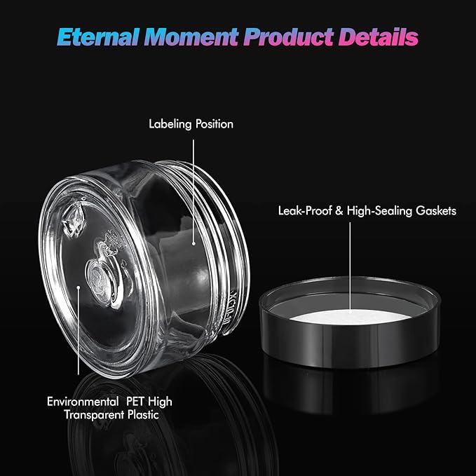 50 Pack 1 OZ Plastic Jars Round Clear Cosmetic Container Jar with Lids, Eternal Moment Plastic Slime Jars for Lotion, Cream, Ointments, Makeup, Eye shadow, Rhinestone, Samples, Pot, Travel Storage