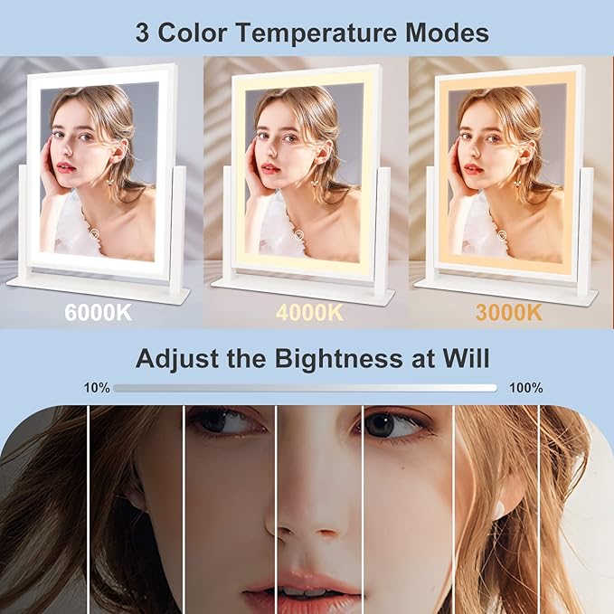 Beelux Makeup Mirror with Lights Lighted Up Vanity Mirror with Touch Control 3 Color Lighting Modes Dimmable 360°Rotation for Vanity Desk Tabletop 13Inch Christmas Birthday Present