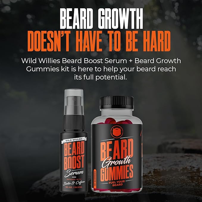 Wild Willies Beard Growth Dual Threat: Beard Growth Gummies and Serum Kit for Men - Biotin, Caffeine & Essential Growth Oil for Fuller, Thicker Facial Hair - Beard Vitamins & Enhance Beard Growth