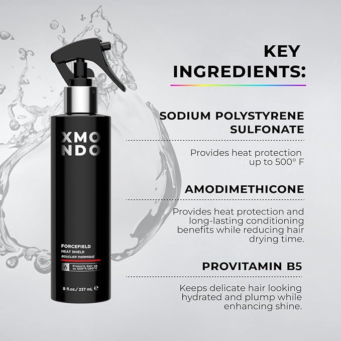 XMONDO Hair Forcefield Heat Shield - Vegan Formula with Pro-Vitamin B5 to Shield From Heat up to 500 degrees F, Reduce Drying Time, and Add Light Hold, 8 Fl Oz 1-Pack