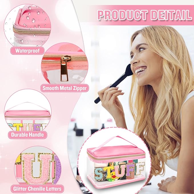 2 Pack Chenille Letter Clear Makeup Bags Stuff Pouch, Preppy Patch Makeup Bag Zipper with Handle, Pink Stuff Bags for Travel Nylon Waterproof Glitter Cosmetic Toiletry Storage for Women(Pink+Green)