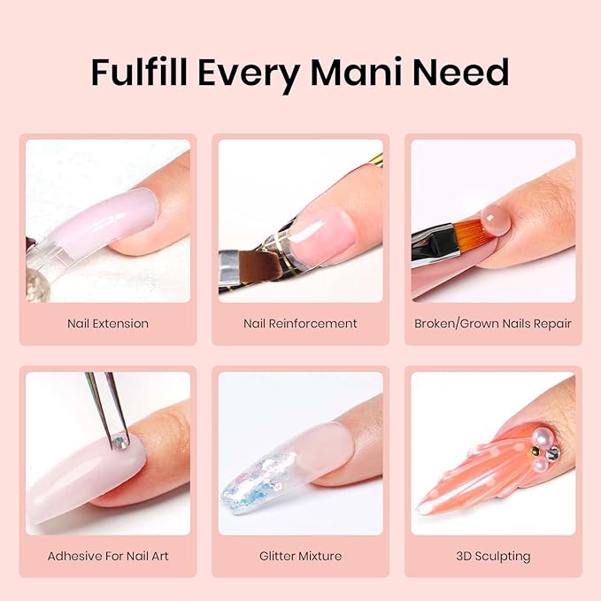 Beetles Poly Nail Gel Kit White Gold Glitter Nude Pink Poly Nail Extension Gel with Poly Brush Nail File Dual Forms Tyro Nail Salon All-in-One Easy DIY at Home Decoration Nail Art Kit