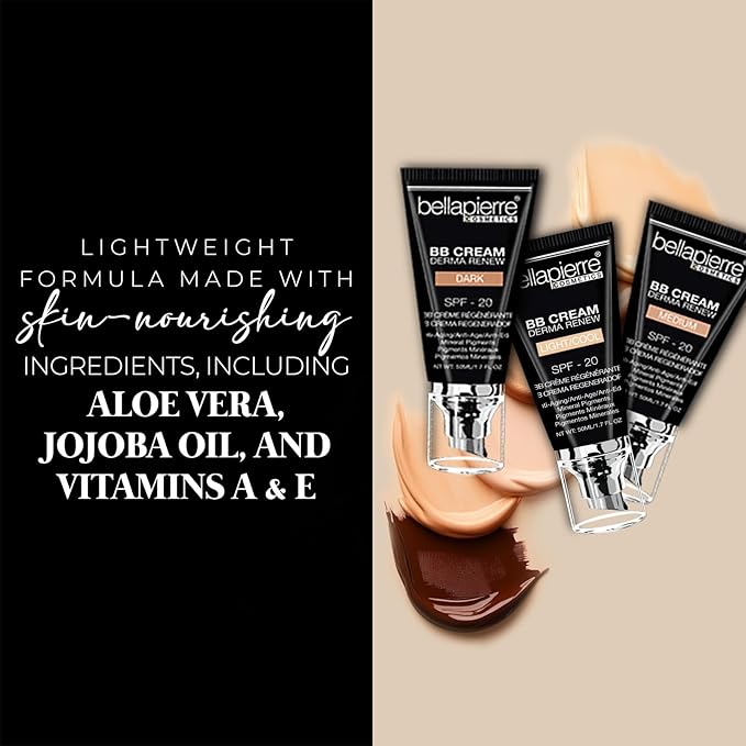 bellapierre BB Cream with SPF 20 - Tinted Sunscreen, Concealer, Matte Foundation, & Moisturizing Face Cream | Lightweight Formula + Pump Top Applicator | Non-Toxic & Paraben Free | 1.7 Oz - Dark