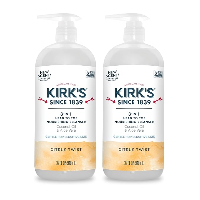 Kirk's 3-in-1 Head to Toe Nourishing Liquid Cleanser- for Men, Women & Children - Premium Coconut Oil & Aloe Vera- Non GMO & Vegan - Citrus Twist - 32 Fl Oz. - 2 Pack
