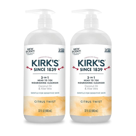 Kirk's 3-in-1 Head to Toe Nourishing Liquid Cleanser- for Men, Women & Children - Premium Coconut Oil & Aloe Vera- Non GMO & Vegan - Citrus Twist - 32 Fl Oz. - 2 Pack