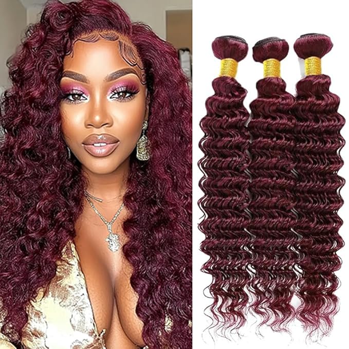 Burgundy Hair Deep Wave Bundles Wine Red Loose Deep Curly Weave Bundles Double Weft Weave Extensions Brazilian Human Hair Soft and Silky for Black Women 20 22 24 Inch
