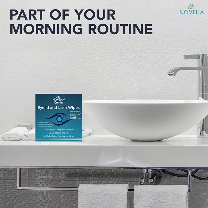 NOVEHA 60Pcs Allergy Relief Eyelid Wipes | Pre-moistened Hypoallergenic Eye Cleansing Pads, Reduce Itchiness, Redness & Discomfort Caused By Allergy, Clean, Soothe & Remove Debris (1 Pack)