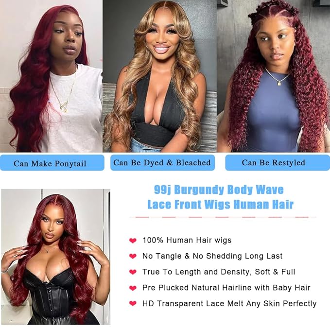 99j Burgundy Lace Front Wigs Human Hair 28 Inch 13x4 Body Wave Lace Front Wigs Human Hair Glueless Pre Plucked Pre Cut Red 180 Density for Women
