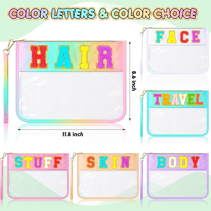 Abbylike 6 Pcs Chenille Letter Clear Zipper Pouch Summer Waterproof Cosmetic Pouch Travel Gym Beach Hawaii Bag Travel Patch Purse Makeup Letter Bag for Women Girls, 6 Colors(Macaron Colors,Cute)
