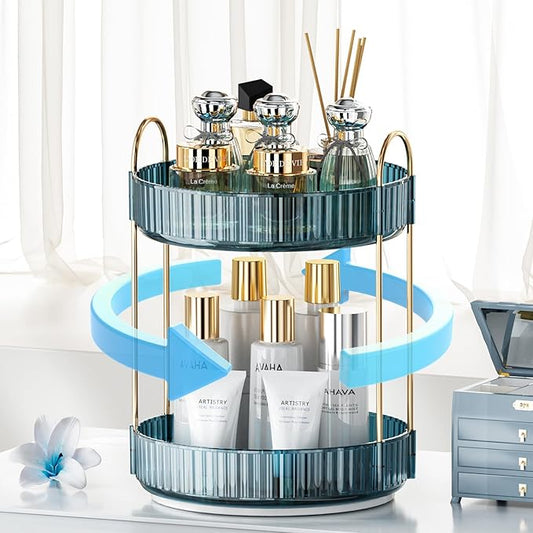 360° Rotating Makeup Organizer, Bathroom Organizers and Storage Holder Rack, Large Capacity Vanity Shelf Countertop, Fits Cosmetics, Perfume, Skin Care(Blue, 2 Tiers)