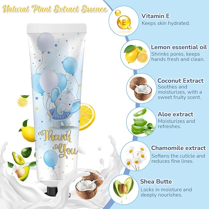 24 Sets Baby Shower Hand Cream Bulk Blue Elephant Shower Favors Bridal Thank You Appreciation Hand Cream for Guests Travel Size Lotion with Organza Bags