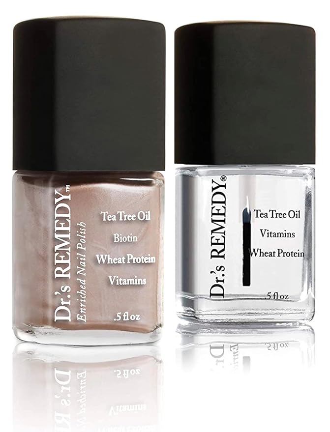 Dr.'s Remedy Enriched Nail Polish, Poised Pink Champagne with TOTAL Two-in-One Top and Base Coat Set 0.5 Fluid Oz Each