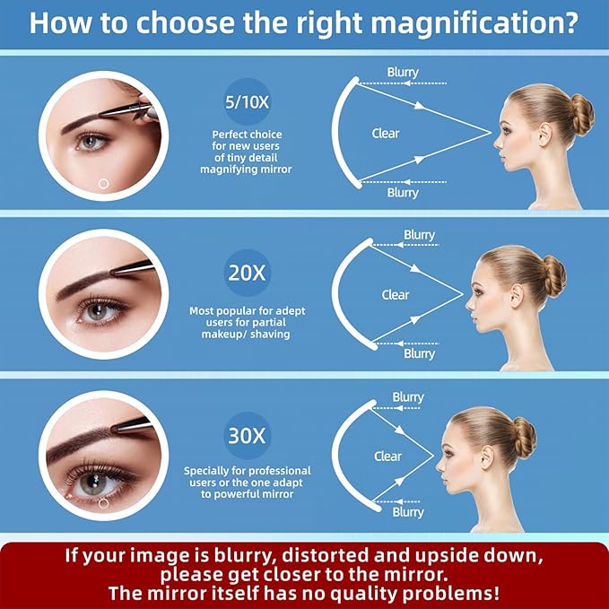 30x Lighted Magnifying Mirror with Suction Cups, Large 6'' Magnified Mirror with Light High Magnification Travel Makeup Mirror, Rechargeable Battery, 3 Colors Dimming Light, with Tweezers &Scissors