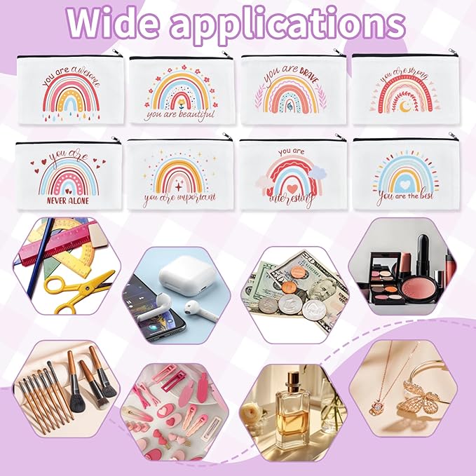 16PCS Rainbow Canvas Cosmetic Bag Bulk Inspirational Quotes Makeup Bags with Zipper Toiletry Bag Encouragement Travel Pouch for Women Girls Teacher Friend Birthday