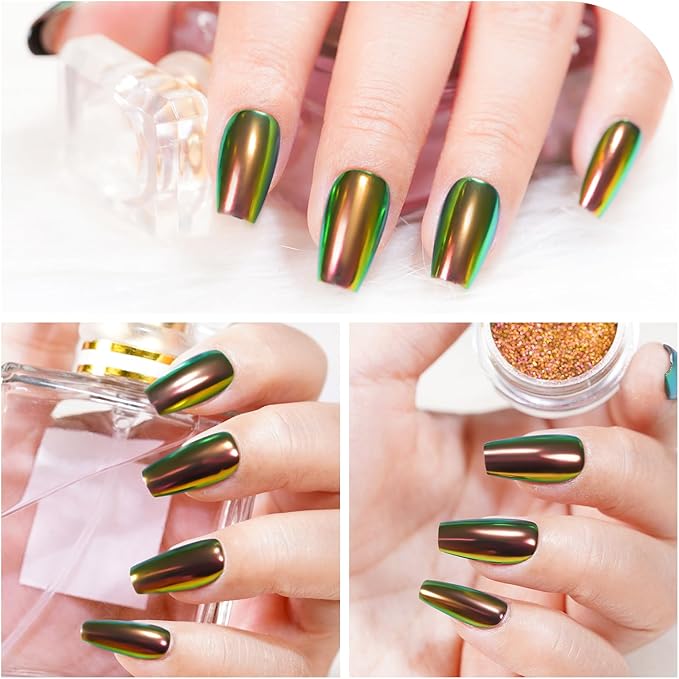 Chrome Nail Powder Iridescent Chameleon Effect Glitter Color Shift Rubbing Pigment Dust Nail Art Decoration, 6 Colors Set 0.5g/Jar