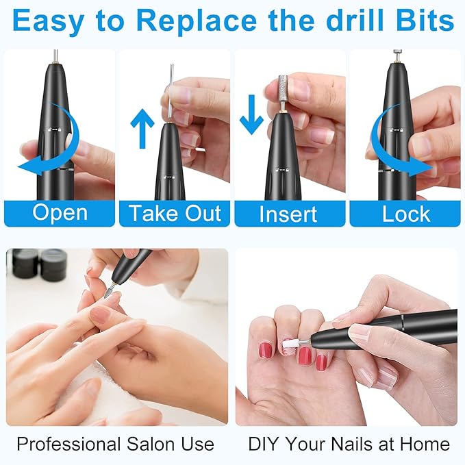 Electric Nail Drill, Urbuti 35000RPM Professional Nail Drill Machine, Portable Rechargeable File Machine Set for Acrylic Gel Nails, Manicure Pedicure Tools for Home and Salon Use(Black)